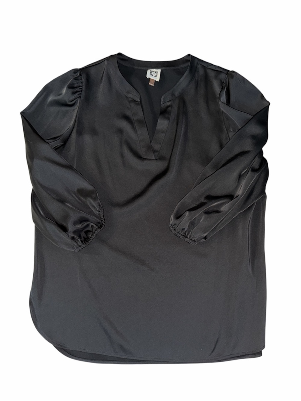 Anne Klein Black Satin V-Neck Puff Sleeve Blouse Size L Elastic Cuff